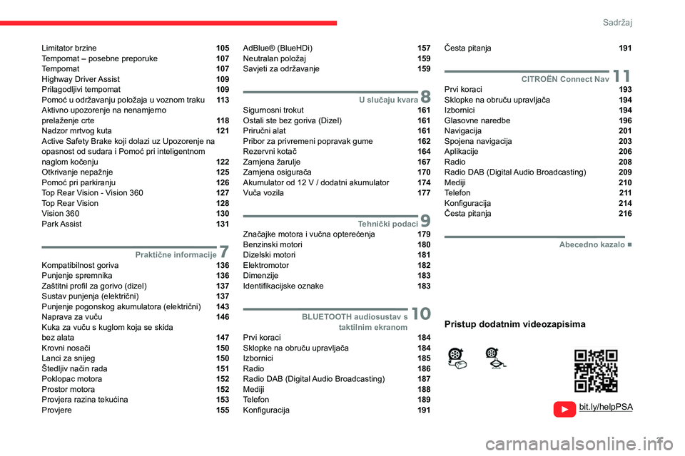 CITROEN C4 2021  Upute Za Rukovanje (in Croatian) 3
Sadržaj
  
  
 
 
 
 
Limitator brzine  105
Tempomat – posebne preporuke  107
Tempomat  107
Highway Driver Assist  109
Prilagodljivi tempomat  109
Pomoć u održavanju položaja u voznom traku  1