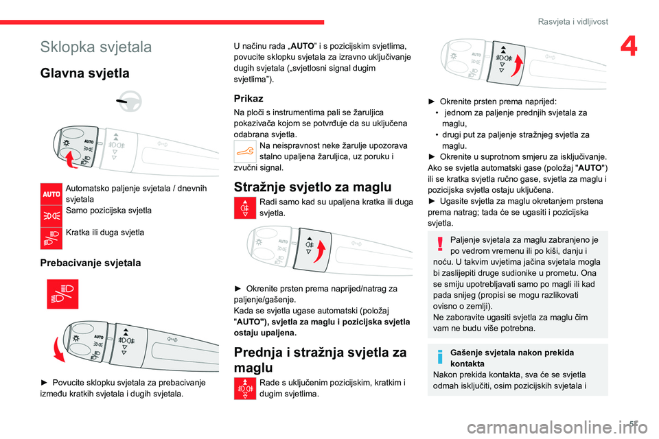 CITROEN C4 2021 Upute Za Rukovanje (in Croatian) 57
Rasvjeta i vidljivost
4Sklopka svjetala
Glavna svjetla
Automatsko paljenje svjetala / dnevnih svjetala
Samo pozicijska svjetla
Kratka ili duga svjetla
Prebacivanje svjetala
► Povucit CITROEN C4 2021 Upute Za Rukovanje (in Croatian) 57
Rasvjeta i vidljivost
4Sklopka svjetala
Glavna svjetla
Automatsko paljenje svjetala / dnevnih svjetala
Samo pozicijska svjetla
Kratka ili duga svjetla
Prebacivanje svjetala
► Povucit