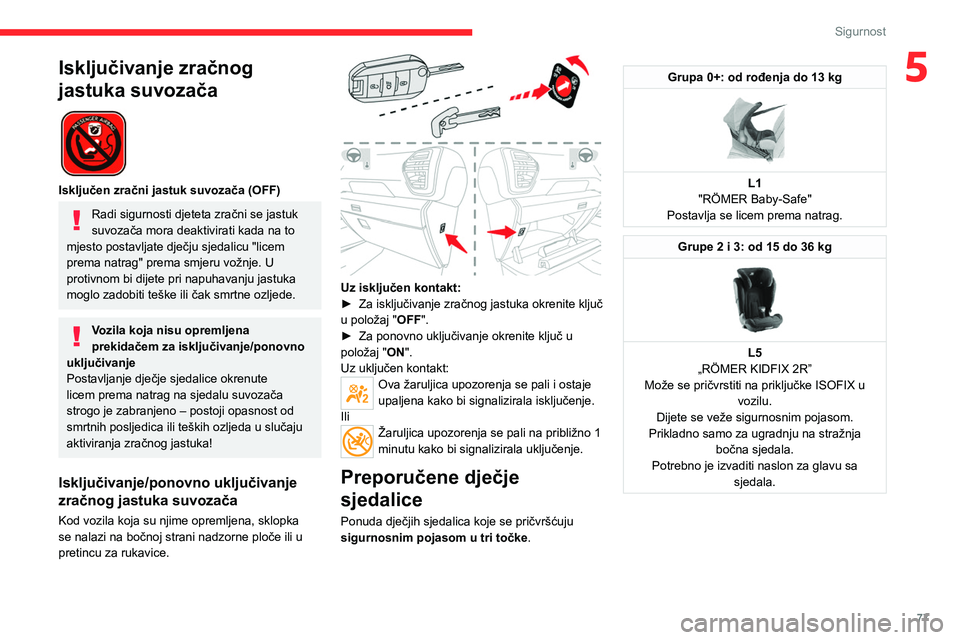 CITROEN C4 2021 Upute Za Rukovanje (in Croatian) 77
Sigurnost
5Isključivanje zračnog
jastuka suvozača
Isključen zračni jastuk suvozača (OFF)
Radi sigurnosti djeteta zračni se jastuk
suvozača mora deaktivirati kada na to
mjesto postavl CITROEN C4 2021 Upute Za Rukovanje (in Croatian) 77
Sigurnost
5Isključivanje zračnog
jastuka suvozača
Isključen zračni jastuk suvozača (OFF)
Radi sigurnosti djeteta zračni se jastuk
suvozača mora deaktivirati kada na to
mjesto postavl
