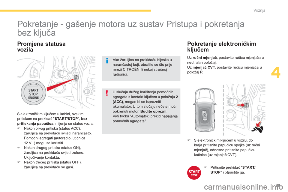 CITROEN C4 AIRCROSS 2016 Upute Za Rukovanje (in Croatian) 99
C4-aircross_hr_Chap04_conduite_ed01-2014
Promjena statusa
vozila
s elektroničkim ključem u kabini, svakim
p ritiskom na prekidač " START/STOP", bez
pritiskanja papučica , mijenja se CITROEN C4 AIRCROSS 2016 Upute Za Rukovanje (in Croatian) 99
C4-aircross_hr_Chap04_conduite_ed01-2014
Promjena statusa
vozila
s elektroničkim ključem u kabini, svakim
p ritiskom na prekidač " START/STOP", bez
pritiskanja papučica , mijenja se