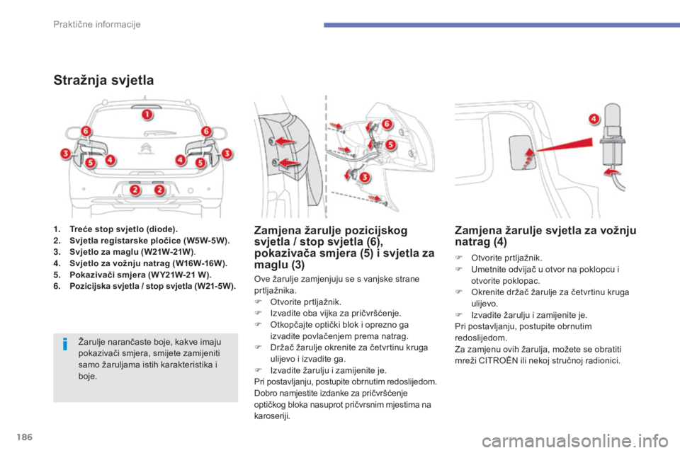 CITROEN C4 AIRCROSS 2016 Upute Za Rukovanje (in Croatian) 186
C4-aircross_hr_Chap07_info-pratiques_ed01-2014
1. Treće stop svjetlo (diode).
2. S
vjetla registarske pločice (W5W-5W).
3.
S
vjetlo za maglu (W21W-21W) .
4.
S
vjetlo za vožnju natrag (W16W- CITROEN C4 AIRCROSS 2016 Upute Za Rukovanje (in Croatian) 186
C4-aircross_hr_Chap07_info-pratiques_ed01-2014
1. Treće stop svjetlo (diode).
2. S
vjetla registarske pločice (W5W-5W).
3.
S
vjetlo za maglu (W21W-21W) .
4.
S
vjetlo za vožnju natrag (W16W-