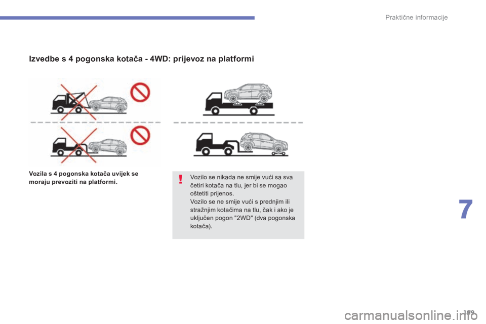 CITROEN C4 AIRCROSS 2016 Upute Za Rukovanje (in Croatian) 199
C4-aircross_hr_Chap07_info-pratiques_ed01-2014
Vozila s 4 pogonska kotača uvijek se
m oraju prevoziti na platformi. Vozilo se nikada ne smije vući sa sva
četiri kotača na tlu, jer bi se mog CITROEN C4 AIRCROSS 2016 Upute Za Rukovanje (in Croatian) 199
C4-aircross_hr_Chap07_info-pratiques_ed01-2014
Vozila s 4 pogonska kotača uvijek se
m oraju prevoziti na platformi. Vozilo se nikada ne smije vući sa sva
četiri kotača na tlu, jer bi se mog