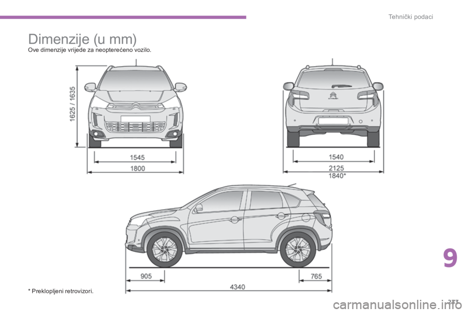 CITROEN C4 AIRCROSS 2016 Upute Za Rukovanje (in Croatian) 233
C4-aircross_hr_Chap09_caracteristiques-techniques_ed01-2014
dimenzije (u mm)ove dimenzije vrijede za neopterećeno vozilo.
* Preklopljeni retrovizori.
9
Tehnički podaci CITROEN C4 AIRCROSS 2016 Upute Za Rukovanje (in Croatian) 233
C4-aircross_hr_Chap09_caracteristiques-techniques_ed01-2014
dimenzije (u mm)ove dimenzije vrijede za neopterećeno vozilo.
* Preklopljeni retrovizori.
9
Tehnički podaci