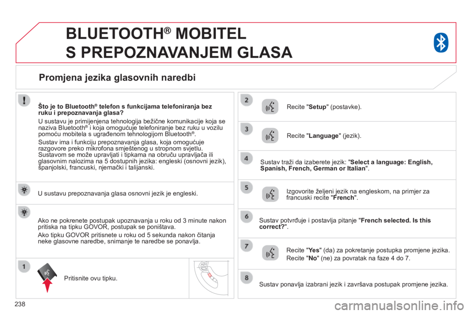 CITROEN C4 AIRCROSS 2016 Upute Za Rukovanje (in Croatian) 238
BLUETOOTH® MOBITEL
S
PREPOZNAVANJEM GLASA
U sustavu prepoznavanja glasa osnovni jezik je engleski.
Pritisnite ovu tipku.
r
ecite "Setup" (postavke).
r
ecite "Language" (j CITROEN C4 AIRCROSS 2016 Upute Za Rukovanje (in Croatian) 238
BLUETOOTH® MOBITEL
S
PREPOZNAVANJEM GLASA
U sustavu prepoznavanja glasa osnovni jezik je engleski.
Pritisnite ovu tipku.
r
ecite "Setup" (postavke).
r
ecite "Language" (j
