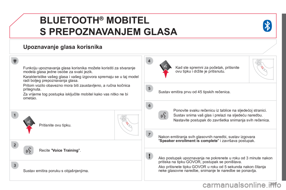 CITROEN C4 AIRCROSS 2016 Upute Za Rukovanje (in Croatian) 239
BLUETOOTH® MOBITEL
S
PREPOZNAVANJEM GLASA
Upoznavanje glasa korisnika
Funkciju upoznavanja glasa korisnika možete koristiti za stvaranje
modela glasa jedne osobe za svaki jezik.
k
arakt CITROEN C4 AIRCROSS 2016 Upute Za Rukovanje (in Croatian) 239
BLUETOOTH® MOBITEL
S
PREPOZNAVANJEM GLASA
Upoznavanje glasa korisnika
Funkciju upoznavanja glasa korisnika možete koristiti za stvaranje
modela glasa jedne osobe za svaki jezik.
k
arakt
