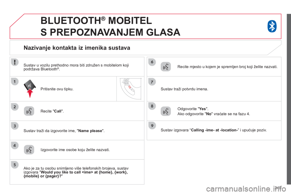 CITROEN C4 AIRCROSS 2016 Upute Za Rukovanje (in Croatian) 245
BLUETOOTH® MOBITEL
S
PREPOZNAVANJEM GLASA
recite "Call".
s
ustav traži da izgovorite ime, " Name please".
Nazivanje kontakta iz imenika sustava
izgovorite ime osobe koju CITROEN C4 AIRCROSS 2016 Upute Za Rukovanje (in Croatian) 245
BLUETOOTH® MOBITEL
S
PREPOZNAVANJEM GLASA
recite "Call".
s
ustav traži da izgovorite ime, " Name please".
Nazivanje kontakta iz imenika sustava
izgovorite ime osobe koju