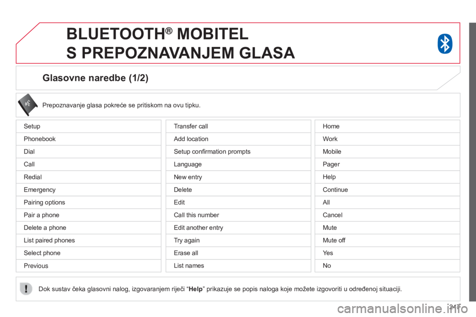 CITROEN C4 AIRCROSS 2016 Upute Za Rukovanje (in Croatian) 247
Glasovne naredbe (1/2)
setup
Phonebook
d
ial
Call
r
edial
e
mergency
Pairing options
Pair a phone
d
elete a phone
List paired phones
s
elect phone
Previous Prepoznavanje glasa pokreće se pri CITROEN C4 AIRCROSS 2016 Upute Za Rukovanje (in Croatian) 247
Glasovne naredbe (1/2)
setup
Phonebook
d
ial
Call
r
edial
e
mergency
Pairing options
Pair a phone
d
elete a phone
List paired phones
s
elect phone
Previous Prepoznavanje glasa pokreće se pri