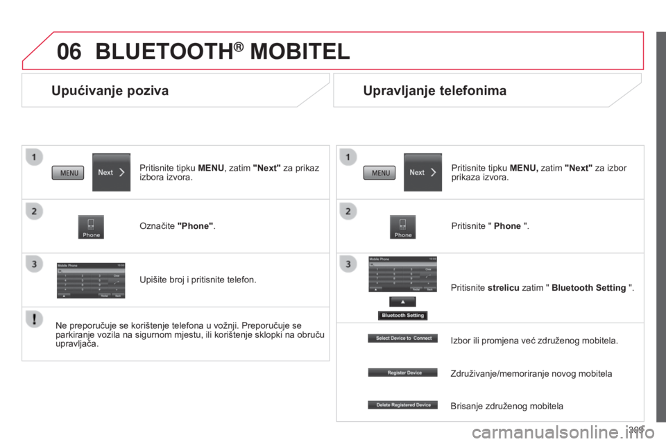 CITROEN C4 AIRCROSS 2016  Upute Za Rukovanje (in Croatian) 06
309
C4-aircross_hr_Chap10c_Mitsu5_ed01-2014
Upućivanje poziva
BLUETOOTH® MOBITEL
Pritisnite tipku MENU, zatim "Next" za prikaz 
izbora izvora.
o

značite "Phone". 
Upišite broj 