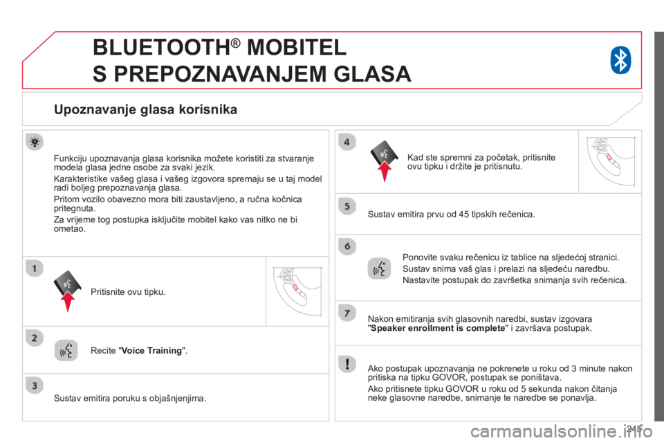 CITROEN C4 AIRCROSS 2014 Upute Za Rukovanje (in Croatian) 245
BLUETOOTH ®
MOBITEL
S PREPOZNAVANJEM GLASA
Upoznavanje glasa korisnika
Funkciju upoznavanja glasa korisnika možete koristiti za stvaranje
modela glasa jedne CITROEN C4 AIRCROSS 2014 Upute Za Rukovanje (in Croatian) 245
BLUETOOTH ®
MOBITEL
S PREPOZNAVANJEM GLASA
Upoznavanje glasa korisnika
Funkciju upoznavanja glasa korisnika možete koristiti za stvaranje
modela glasa jedne