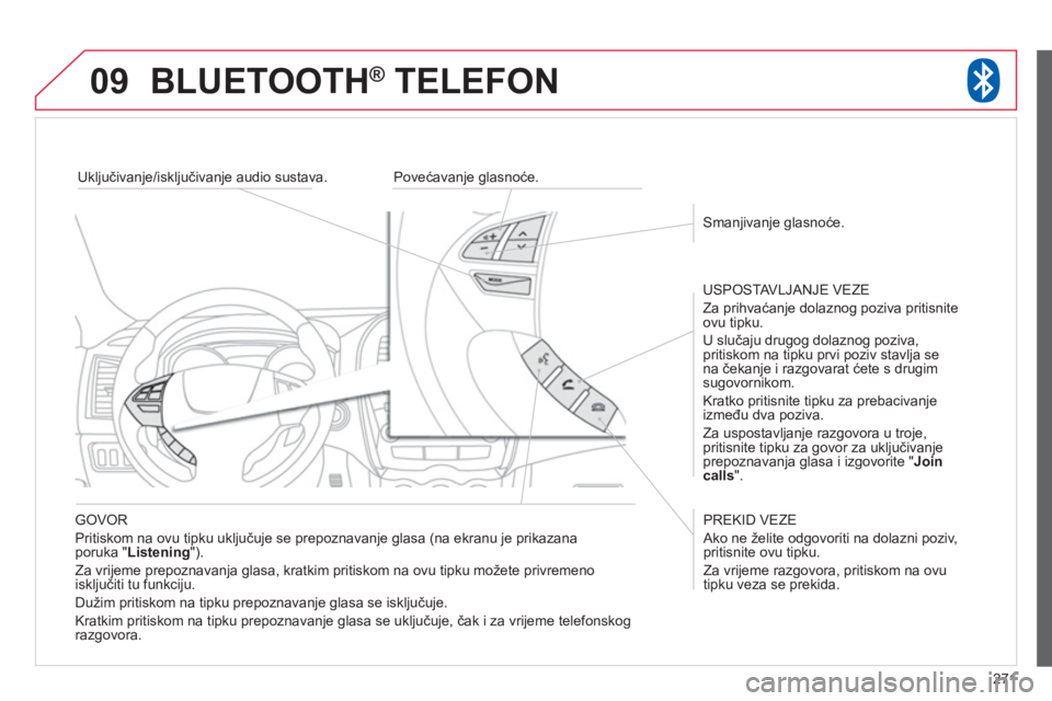CITROEN C4 AIRCROSS 2013  Upute Za Rukovanje (in Croatian) 271
09BLUETOOTH ®   TELEFON ®
   GOVOR
  Pritiskom na ovu tipku uključuje se prepoznavanje glasa 
(na ekranu je prikazana 
poruka " Listening  "). 
  Za vri
jeme prepoznavanja glasa, kratkim pritis