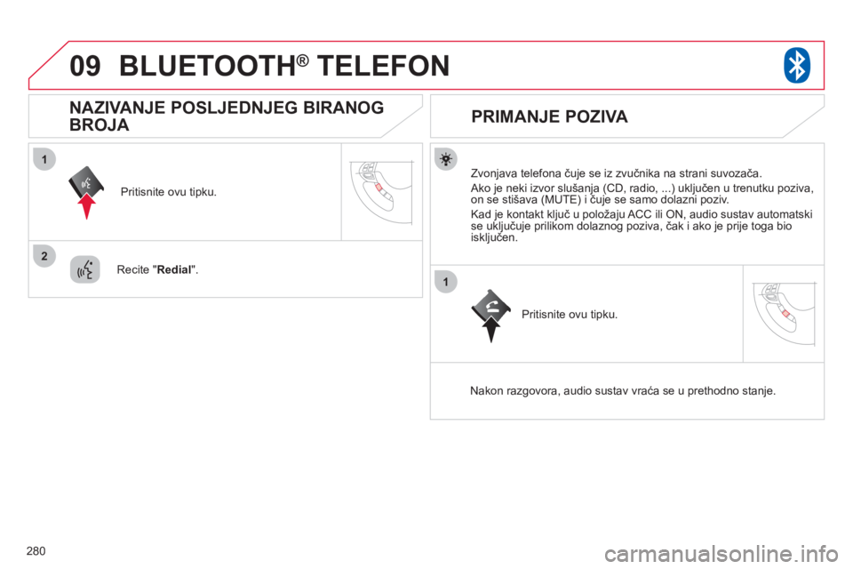 CITROEN C4 AIRCROSS 2013  Upute Za Rukovanje (in Croatian) 280
09
1
2
1
BLUETOOTH®   TELEFON®
   
Zvonjava telefona čuje se iz zvučnika na strani suvozača. 
 
Ako je neki izvor slušanja (CD, radio, ...) uključen u trenutku poziva, 
on se stišava (MUTE
