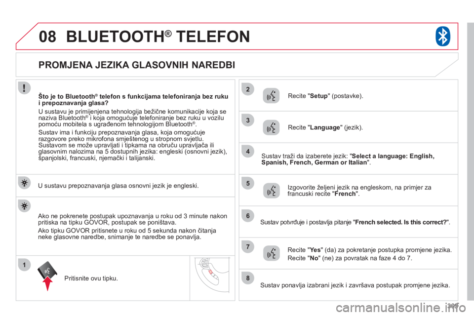 CITROEN C4 AIRCROSS 2013 Upute Za Rukovanje (in Croatian) 309
1
2
3
08
4
5
6
7
8
PROMJENA JEZIKA GLASOVNIH NAREDBI
BLUETOOTH®
TELEFON®
U sustavu prepoznavanja glasa osnovni jezik je engleski.
Pritisnite ovu ti
p CITROEN C4 AIRCROSS 2013 Upute Za Rukovanje (in Croatian) 309
1
2
3
08
4
5
6
7
8
PROMJENA JEZIKA GLASOVNIH NAREDBI
BLUETOOTH®
TELEFON®
U sustavu prepoznavanja glasa osnovni jezik je engleski.
Pritisnite ovu ti
p
