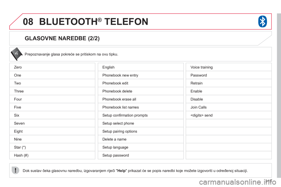 CITROEN C4 AIRCROSS 2013  Upute Za Rukovanje (in Croatian) 319
08BLUETOOTH®   TELEFON®
   
GLASOVNE NAREDBE (2/2) 
 
Prepoznavanje glasa pokreće se pritiskom na ovu tipku. 
Dok sustav čeka glasovnu naredbu, izgovaranjem riječi "Hel
p" prikazat će se pop