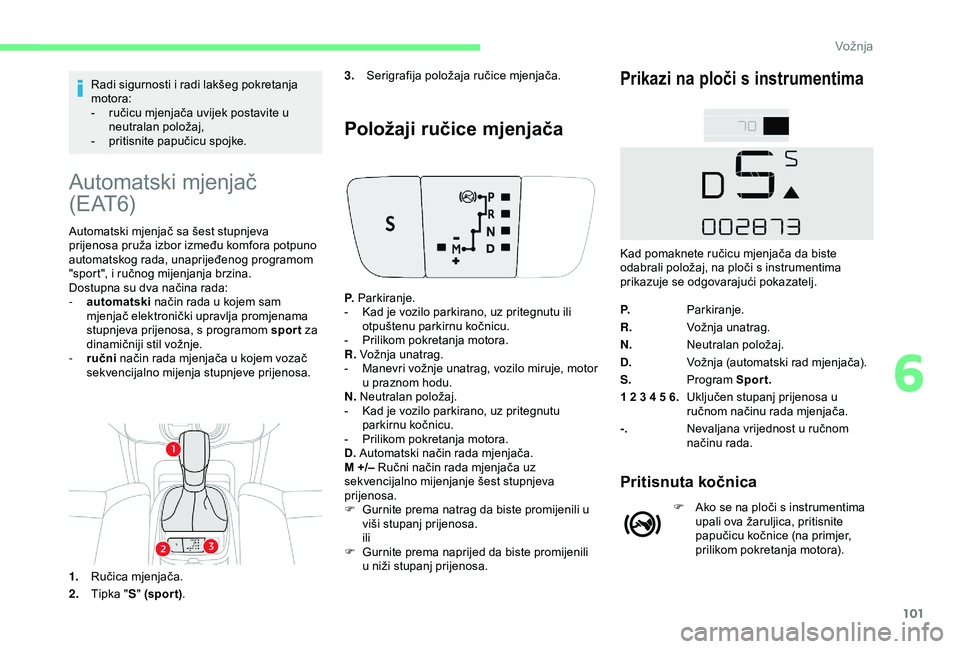 CITROEN C4 CACTUS 2019 Upute Za Rukovanje (in Croatian) 101
Radi sigurnosti i radi lakšeg pokretanja
motora:
-
r
učicu mjenjača uvijek postavite u
neutralan položaj,
-
p
ritisnite papučicu spojke.
Automatski mjenjač
( E AT 6)
Automatski mjenja CITROEN C4 CACTUS 2019 Upute Za Rukovanje (in Croatian) 101
Radi sigurnosti i radi lakšeg pokretanja
motora:
-
r
učicu mjenjača uvijek postavite u
neutralan položaj,
-
p
ritisnite papučicu spojke.
Automatski mjenjač
( E AT 6)
Automatski mjenja