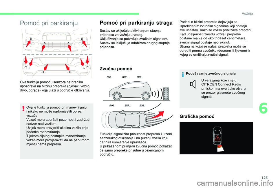 CITROEN C4 CACTUS 2019 Upute Za Rukovanje (in Croatian) 125
Pomoć pri parkiranju
Ova je funkcija pomoć pri manevriranju
i nikako ne može nadomjestiti oprez
vozača.
Vozač mora zadržati pozornost i zadržati
nadzor nad vozilom.
Uvijek mora provjerit CITROEN C4 CACTUS 2019 Upute Za Rukovanje (in Croatian) 125
Pomoć pri parkiranju
Ova je funkcija pomoć pri manevriranju
i nikako ne može nadomjestiti oprez
vozača.
Vozač mora zadržati pozornost i zadržati
nadzor nad vozilom.
Uvijek mora provjerit