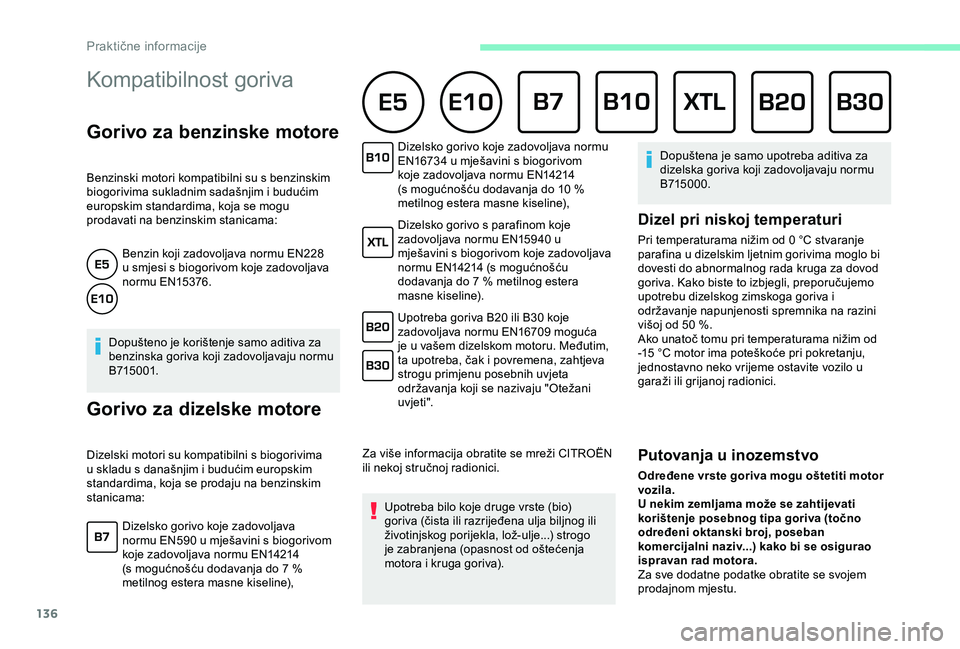 CITROEN C4 CACTUS 2019  Upute Za Rukovanje (in Croatian) 136
Kompatibilnost goriva 
Gorivo za benzinske motore
Benzinski motori kompatibilni su s benzinskim 
biogorivima sukladnim sadašnjim i budućim 
europskim standardima, koja se mogu 
prodavati na benz