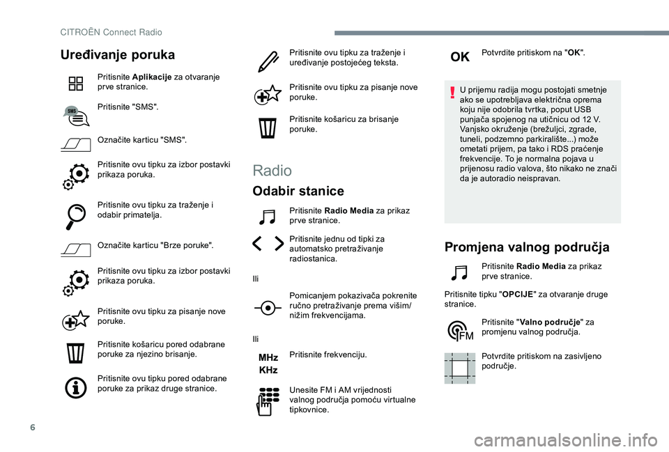 CITROEN C4 CACTUS 2019 Upute Za Rukovanje (in Croatian) 6
Uređivanje poruka
Pritisnite Aplikacije za otvaranje
pr ve stranice.
Pritisnite "SMS".
Označite karticu "SMS".
Pritisnite ovu tipku za izbor postavki
prikaza poruka.
Pritisnite CITROEN C4 CACTUS 2019 Upute Za Rukovanje (in Croatian) 6
Uređivanje poruka
Pritisnite Aplikacije za otvaranje
pr ve stranice.
Pritisnite "SMS".
Označite karticu "SMS".
Pritisnite ovu tipku za izbor postavki
prikaza poruka.
Pritisnite