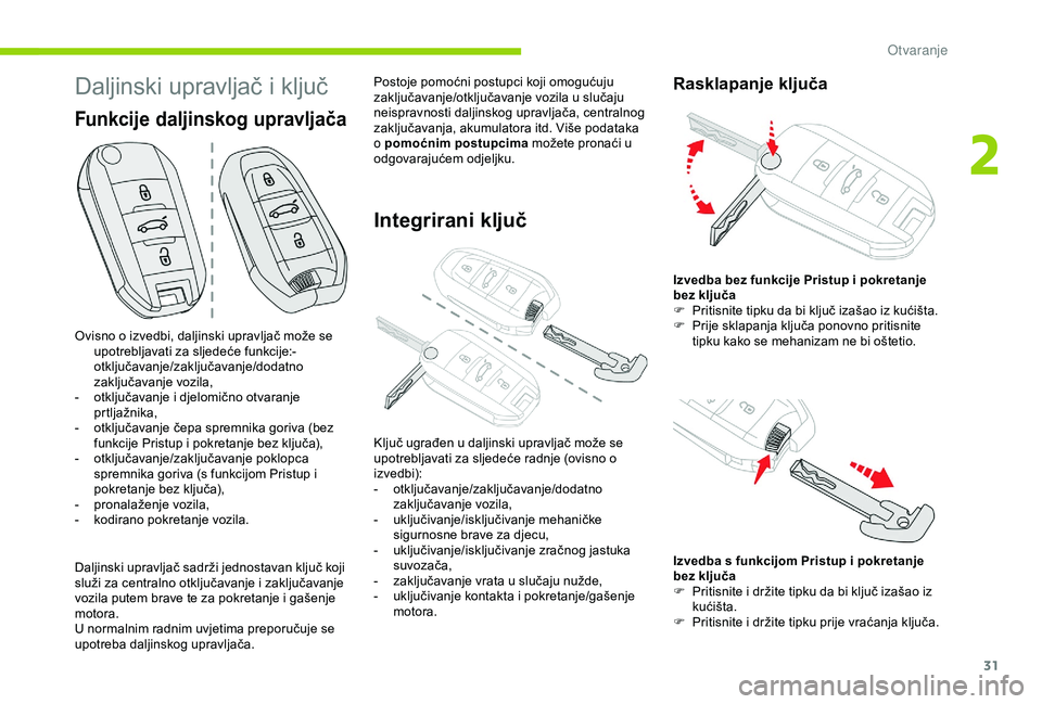 CITROEN C4 CACTUS 2019  Upute Za Rukovanje (in Croatian) 31
Daljinski upravljač i ključ
Ovisno o izvedbi, daljinski upravljač može se upotrebljavati za sljedeće funkcije:-  
o

tključavanje/zaključavanje/dodatno 
zaključavanje vozila,
-
 
o
 tključ