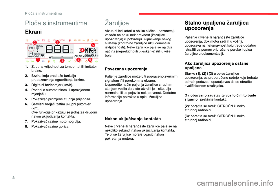CITROEN C4 CACTUS 2019 Upute Za Rukovanje (in Croatian) 8
Ploča s instrumentima
Ekrani
1.Zadana vrijednost za tempomat ili limitator
brzine.
2. Brzina koju predlaže funkcija
prepoznavanja ograničenja brzine.
3. Digitalni brzinomjer (km/h).
4. Podaci o CITROEN C4 CACTUS 2019 Upute Za Rukovanje (in Croatian) 8
Ploča s instrumentima
Ekrani
1.Zadana vrijednost za tempomat ili limitator
brzine.
2. Brzina koju predlaže funkcija
prepoznavanja ograničenja brzine.
3. Digitalni brzinomjer (km/h).
4. Podaci o