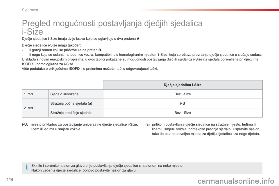 CITROEN C4 CACTUS 2018 Upute Za Rukovanje (in Croatian) 116
C4-cactus_hr_Chap05_securite_ed01-2016
Pregled mogućnosti postavljanja dječjih sjedalica
i-Size
Dječje sjedalice i-Size imaju dvije brave koje se uglavljuju u dva prstena A.
i- U:
mje
sto CITROEN C4 CACTUS 2018 Upute Za Rukovanje (in Croatian) 116
C4-cactus_hr_Chap05_securite_ed01-2016
Pregled mogućnosti postavljanja dječjih sjedalica
i-Size
Dječje sjedalice i-Size imaju dvije brave koje se uglavljuju u dva prstena A.
i- U:
mje
sto