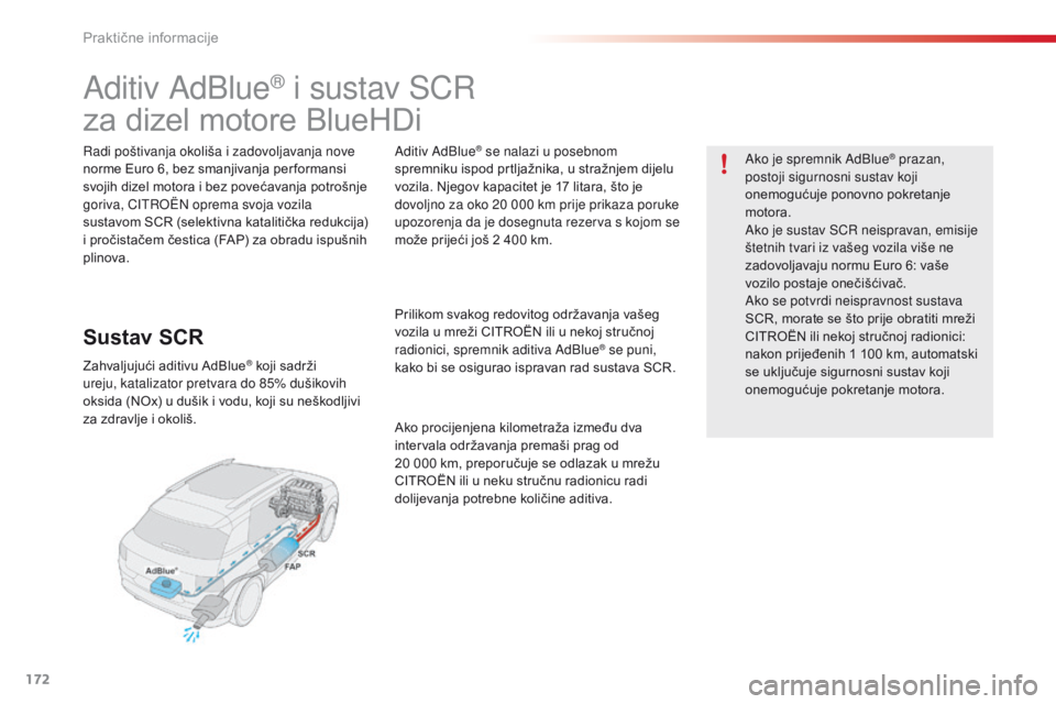 CITROEN C4 CACTUS 2016 Upute Za Rukovanje (in Croatian) 172
C4-cactus_hr_Chap07_info-pratiques_ed01-2015
Aditiv AdBlue® i sustav SCR
za dizel motore BlueHDi
Radi poštivanja okoliša i zadovoljavanja nove
norme Euro 6, bez smanjivanja per formansi
svoji CITROEN C4 CACTUS 2016 Upute Za Rukovanje (in Croatian) 172
C4-cactus_hr_Chap07_info-pratiques_ed01-2015
Aditiv AdBlue® i sustav SCR
za dizel motore BlueHDi
Radi poštivanja okoliša i zadovoljavanja nove
norme Euro 6, bez smanjivanja per formansi
svoji