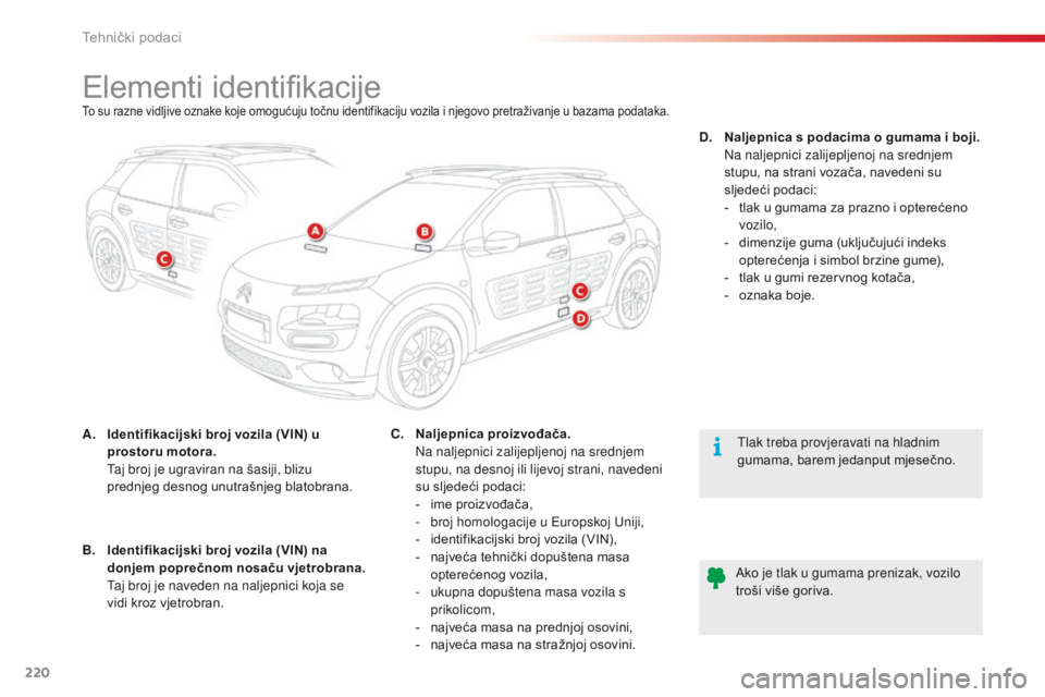 CITROEN C4 CACTUS 2016 Upute Za Rukovanje (in Croatian) 220
C4-cactus_hr_Chap09_caracteristiques-techniques_ed01-2015
Elementi identifikacijeTo su razne vidljive oznake koje omogućuju točnu identifikaciju vozila i njegovo pretraživanje u bazama podataka CITROEN C4 CACTUS 2016 Upute Za Rukovanje (in Croatian) 220
C4-cactus_hr_Chap09_caracteristiques-techniques_ed01-2015
Elementi identifikacijeTo su razne vidljive oznake koje omogućuju točnu identifikaciju vozila i njegovo pretraživanje u bazama podataka