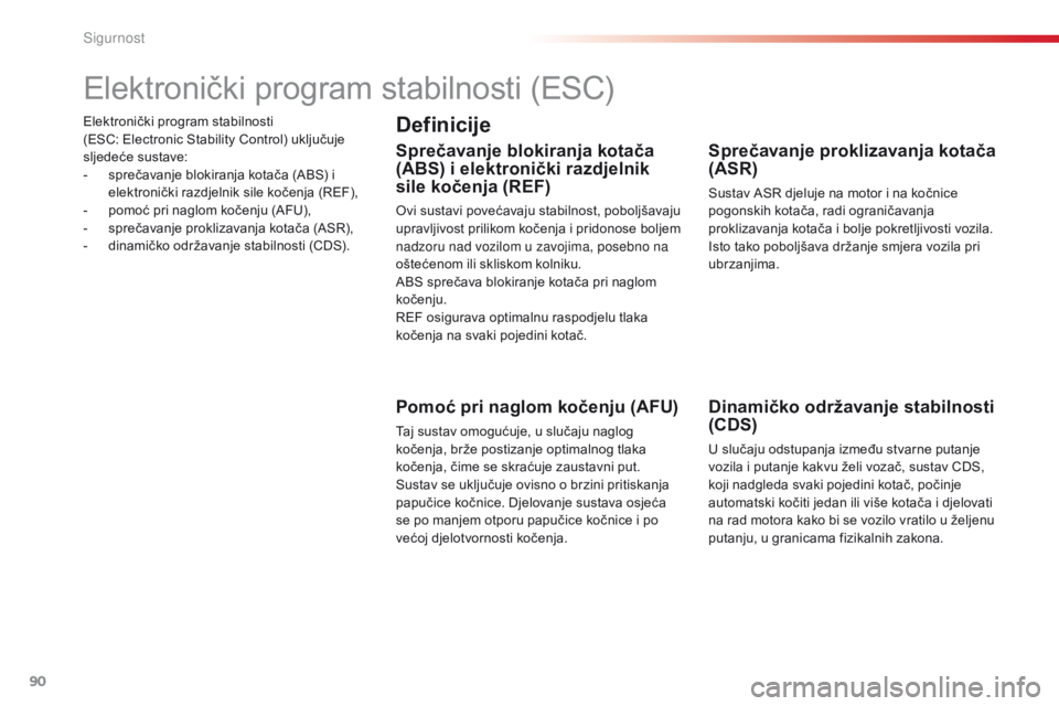 CITROEN C4 CACTUS 2016 Upute Za Rukovanje (in Croatian) 90
C4-cactus_hr_Chap05_securite_ed01-2015
Elektronički program stabilnosti
(ESC: Electronic Stability Control) uključuje
sljedeće sustave:
-
s
prečavanje blokiranja kotača (ABS) i
elektroni CITROEN C4 CACTUS 2016 Upute Za Rukovanje (in Croatian) 90
C4-cactus_hr_Chap05_securite_ed01-2015
Elektronički program stabilnosti
(ESC: Electronic Stability Control) uključuje
sljedeće sustave:
-
s
prečavanje blokiranja kotača (ABS) i
elektroni