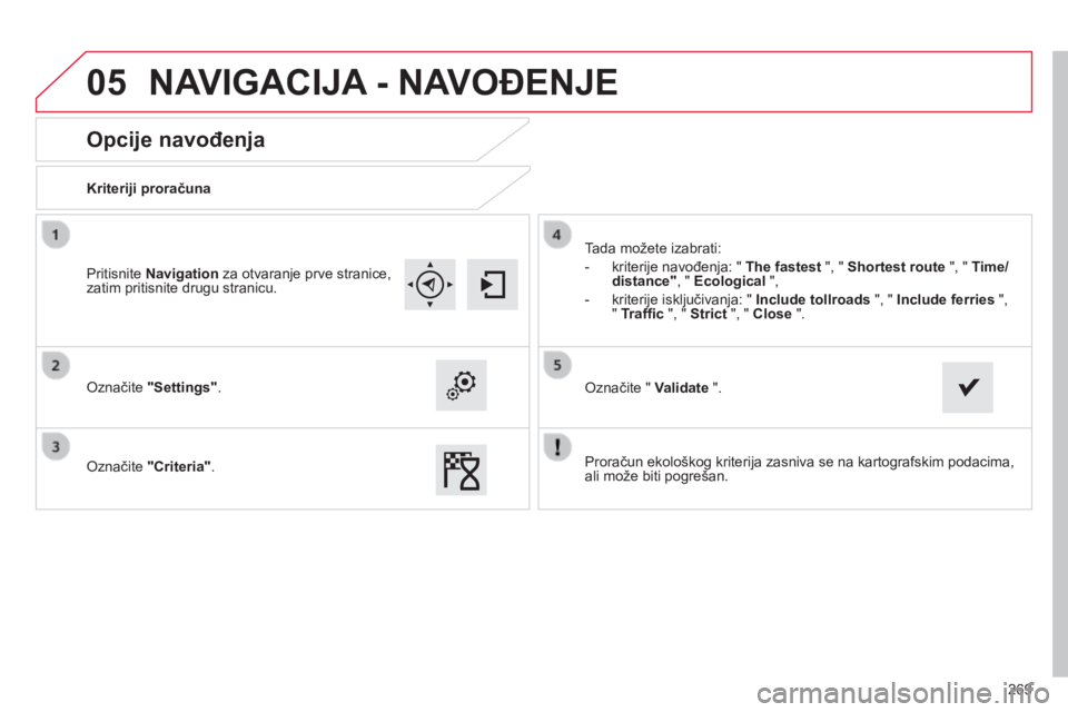 CITROEN C4 CACTUS 2015  Upute Za Rukovanje (in Croatian) 05
269
Opcije navođenja
Kriteriji proračuna
o
značite "Settings".
o

značite "Criteria" . Tada možete izabrati:
-
 
kriterije navođenja: " The fastest

 ", " Shortest