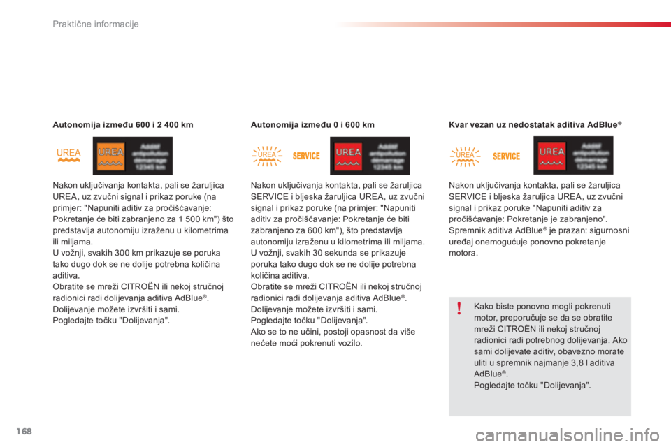 CITROEN C4 CACTUS 2014  Upute Za Rukovanje (in Croatian) 168
E3_hr_Chap09_info_pratiques_ed01-2014
Autonomija između 600 i 2 400 kmA utonomija između 0   i 600   kmKvar vezan uz nedostatak aditiva AdBlue®
Kako biste ponovno mogli pokrenuti 
motor, prepor