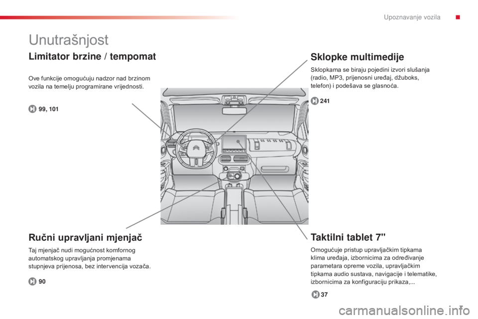 CITROEN C4 CACTUS 2014  Upute Za Rukovanje (in Croatian) 7
E3_hr_Chap00b_prise-en-main_ed01-2014
Unutrašnjost
Taktilni tablet 7"
37
241
Sklopke multimedije
Ručni upravljani mjenjač
90
Limitator brzine / tempomat
99, 101
Ove funkcije omogućuju nadzor