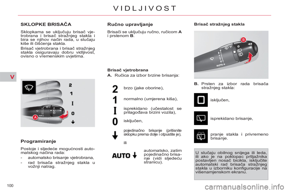 CITROEN C4 PICASSO 2013 Upute Za Rukovanje (in Croatian) V
100
VIDLJIVOST
SKLOPKE BRISAČA
Sklopkama se uključuju brisač vje-
trobrana i brisač stražnjeg stakla i
bira se njihov način rada, u slučaju
kiše ili čišćenja stakla.
Brisač vjet CITROEN C4 PICASSO 2013 Upute Za Rukovanje (in Croatian) V
100
VIDLJIVOST
SKLOPKE BRISAČA
Sklopkama se uključuju brisač vje-
trobrana i brisač stražnjeg stakla i
bira se njihov način rada, u slučaju
kiše ili čišćenja stakla.
Brisač vjet