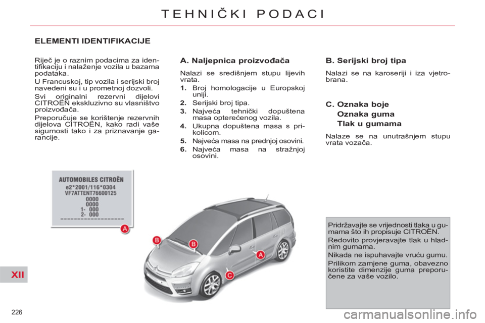 CITROEN C4 PICASSO 2013 Upute Za Rukovanje (in Croatian) XII
226
TEHNIČKI PODACI
ELEMENTI IDENTIFIKACIJE
Riječ je o raznim podacima za iden-
tifi kaciju i nalaženje vozila u bazama
podataka.
U Francuskoj, tip vozila i serijski broj
navedeni su i CITROEN C4 PICASSO 2013 Upute Za Rukovanje (in Croatian) XII
226
TEHNIČKI PODACI
ELEMENTI IDENTIFIKACIJE
Riječ je o raznim podacima za iden-
tifi kaciju i nalaženje vozila u bazama
podataka.
U Francuskoj, tip vozila i serijski broj
navedeni su i