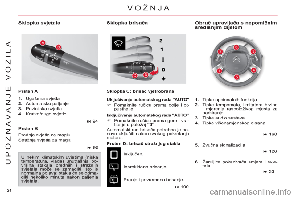 CITROEN C4 PICASSO 2013  Upute Za Rukovanje (in Croatian) 24 
UPOZNAVANJE VOZILA
   
Prsten B  
   
Prsten D: brisač stražnjeg stakla 
  Isključen. 
  Isprekidano brisanje. 
  Pranje i privremeno brisanje. 
 
 
Obruč upravljača s nepomičnim 
središnji