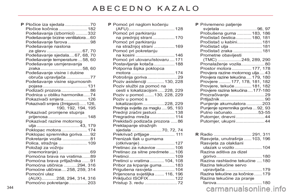 CITROEN C4 PICASSO 2013 Upute Za Rukovanje (in Croatian) 344
ABECEDNO KAZALO
Pločice iza sjedala ...................70Pločice kočnica ...................... 182Pode CITROEN C4 PICASSO 2013 Upute Za Rukovanje (in Croatian) 344
ABECEDNO KAZALO
Pločice iza sjedala ...................70Pločice kočnica ...................... 182Pode