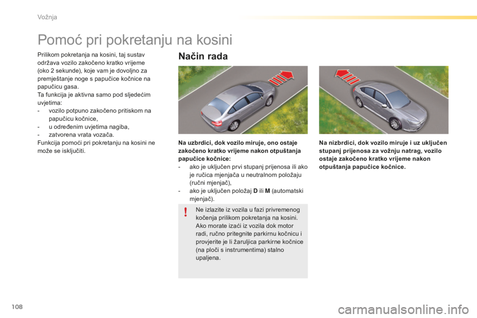 CITROEN C5 2016 Upute Za Rukovanje (in Croatian) 108
C5_hr_Chap04_conduite_ed01-2015
Pomoć pri pokretanju na kosini
Prilikom pokretanja na kosini, taj sustav
održava vozilo zakočeno kratko vrijeme
(oko 2 sekunde), koje vam je dovoljno za
prem CITROEN C5 2016 Upute Za Rukovanje (in Croatian) 108
C5_hr_Chap04_conduite_ed01-2015
Pomoć pri pokretanju na kosini
Prilikom pokretanja na kosini, taj sustav
održava vozilo zakočeno kratko vrijeme
(oko 2 sekunde), koje vam je dovoljno za
prem