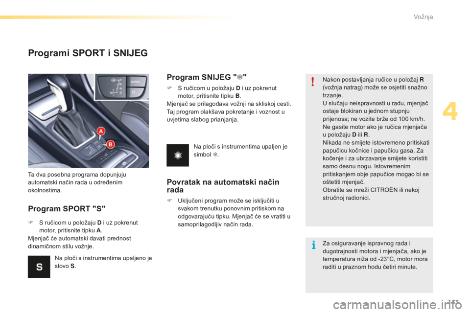 CITROEN C5 2016 Upute Za Rukovanje (in Croatian) 113
C5_hr_Chap04_conduite_ed01-2015
Programi SPORT i SNIJEG
Program SPORT "S"
Ta dva posebna programa dopunjuju
automatski način rada u određenim
okolnostima.
F s ručicom u položaju D CITROEN C5 2016 Upute Za Rukovanje (in Croatian) 113
C5_hr_Chap04_conduite_ed01-2015
Programi SPORT i SNIJEG
Program SPORT "S"
Ta dva posebna programa dopunjuju
automatski način rada u određenim
okolnostima.
F s ručicom u položaju D