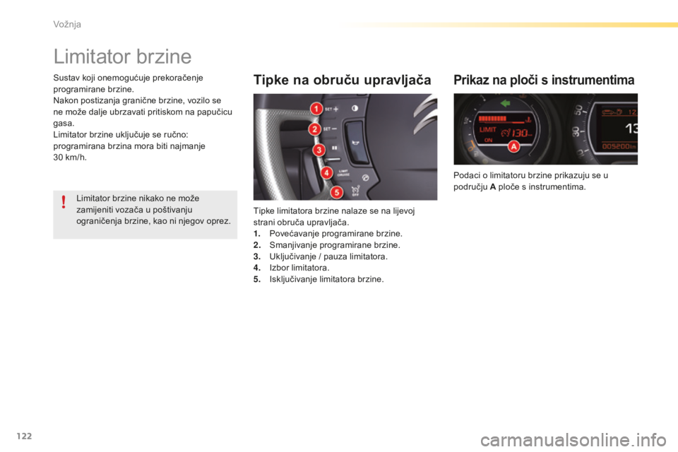 CITROEN C5 2016 Upute Za Rukovanje (in Croatian) 122
C5_hr_Chap04_conduite_ed01-2015
Limitator brzine
Tipke na obruču upravljača
Tipke limitatora brzine nalaze se na lijevoj
strani obruča upravljača.
1.
P
ovećavanje programirane brzine.
2.
CITROEN C5 2016 Upute Za Rukovanje (in Croatian) 122
C5_hr_Chap04_conduite_ed01-2015
Limitator brzine
Tipke na obruču upravljača
Tipke limitatora brzine nalaze se na lijevoj
strani obruča upravljača.
1.
P
ovećavanje programirane brzine.
2.