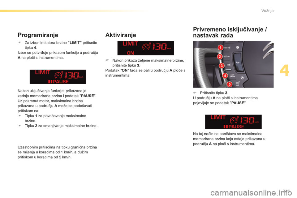 CITROEN C5 2016 Upute Za Rukovanje (in Croatian) 123
C5_hr_Chap04_conduite_ed01-2015
F za izbor limitatora brzine "LIMIT" pritisnite
tipku 4 .
iz
bor se potvrđuje prikazom funkcije u području
A na ploči s instrumentima.
Aktiviranje
F CITROEN C5 2016 Upute Za Rukovanje (in Croatian) 123
C5_hr_Chap04_conduite_ed01-2015
F za izbor limitatora brzine "LIMIT" pritisnite
tipku 4 .
iz
bor se potvrđuje prikazom funkcije u području
A na ploči s instrumentima.
Aktiviranje
F