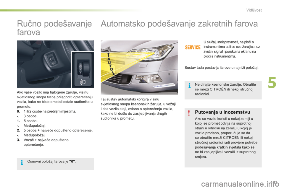 CITROEN C5 2016 Upute Za Rukovanje (in Croatian) 141
C5_hr_Chap05_visibilite_ed01-2015
ručno podešavanje
farova
ako vaše vozilo ima halogene žarulje, visinu
svjetlosnog snopa treba prilagoditi opterećenju
vozila, kako ne biste ometali ostale CITROEN C5 2016 Upute Za Rukovanje (in Croatian) 141
C5_hr_Chap05_visibilite_ed01-2015
ručno podešavanje
farova
ako vaše vozilo ima halogene žarulje, visinu
svjetlosnog snopa treba prilagoditi opterećenju
vozila, kako ne biste ometali ostale