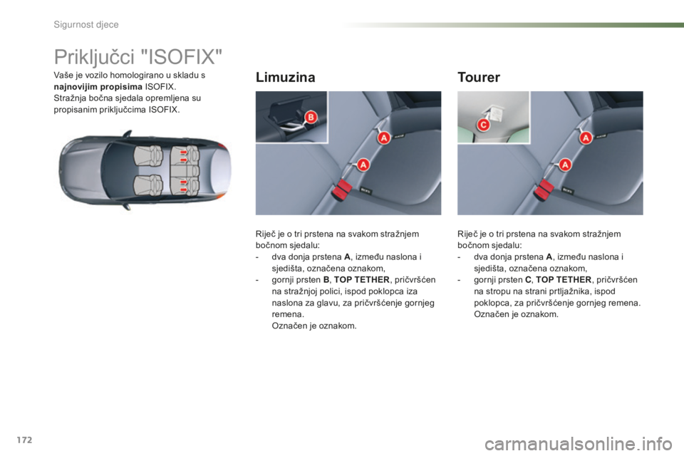 CITROEN C5 2016 Upute Za Rukovanje (in Croatian) 172
C5_hr_Chap07_securite-enfant_ed01-2015
Priključci "isoFiX"
Vaše je vozilo homologirano u skladu s
najnovijim propisima i
soF iX .
st
ražnja bočna sjedala opremljena su
propisanim p CITROEN C5 2016 Upute Za Rukovanje (in Croatian) 172
C5_hr_Chap07_securite-enfant_ed01-2015
Priključci "isoFiX"
Vaše je vozilo homologirano u skladu s
najnovijim propisima i
soF iX .
st
ražnja bočna sjedala opremljena su
propisanim p