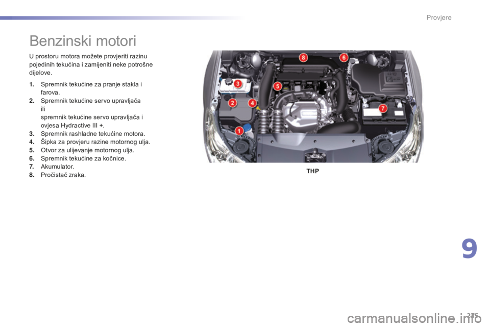 CITROEN C5 2016 Upute Za Rukovanje (in Croatian) 225
C5_hr_Chap09_verification_ed01-2015
U prostoru motora možete provjeriti razinu
pojedinih tekućina i zamijeniti neke potrošne
dijelove.THP
Benzinski motori
1. spremnik tekućine za pranje stak CITROEN C5 2016 Upute Za Rukovanje (in Croatian) 225
C5_hr_Chap09_verification_ed01-2015
U prostoru motora možete provjeriti razinu
pojedinih tekućina i zamijeniti neke potrošne
dijelove.THP
Benzinski motori
1. spremnik tekućine za pranje stak