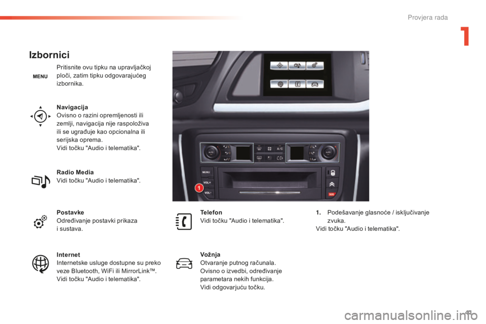 CITROEN C5 2016 Upute Za Rukovanje (in Croatian) 41
C5_hr_Chap01_controle-de-marche_ed01-2015
Izbornici
Pritisnite ovu tipku na upravljačkoj
ploči, zatim tipku odgovarajućeg
izbornika.
Navigacija
ov
isno o razini opremljenosti ili
zemlji, navi CITROEN C5 2016 Upute Za Rukovanje (in Croatian) 41
C5_hr_Chap01_controle-de-marche_ed01-2015
Izbornici
Pritisnite ovu tipku na upravljačkoj
ploči, zatim tipku odgovarajućeg
izbornika.
Navigacija
ov
isno o razini opremljenosti ili
zemlji, navi