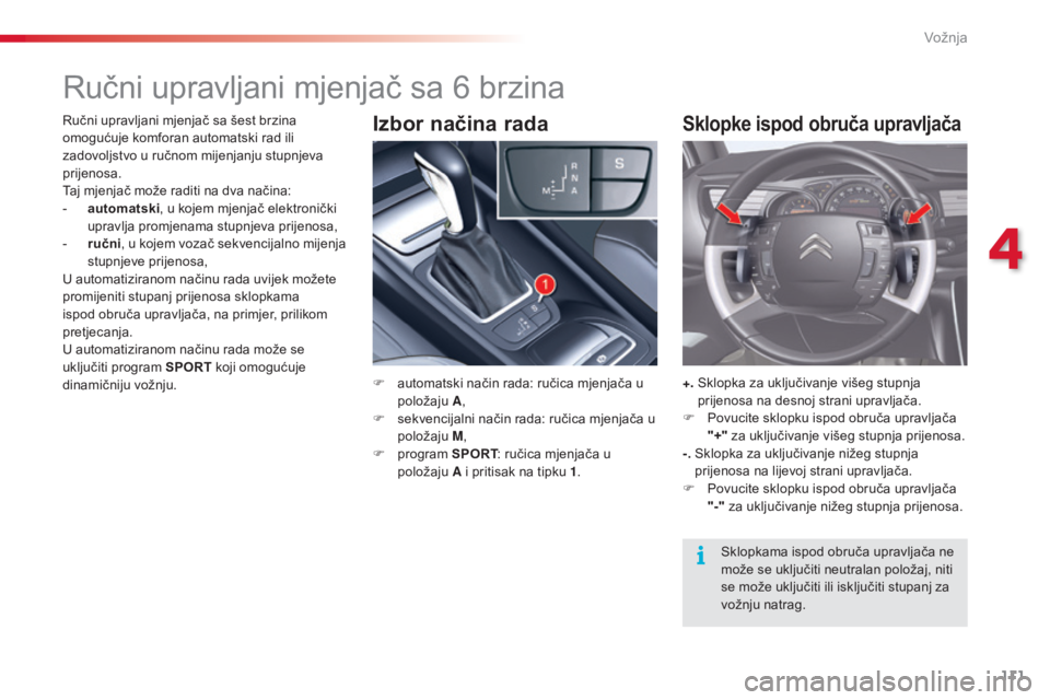 CITROEN C5 2015 Upute Za Rukovanje (in Croatian) 111
C5_hr_Chap04_conduite_ed01-2014
ručni upravljani mjenjač sa 6 brzina
F automatski način rada: ručica mjenjača u
položaju A,
F
s
ekvencijalni način rada: ručica mjenjača u
položaju CITROEN C5 2015 Upute Za Rukovanje (in Croatian) 111
C5_hr_Chap04_conduite_ed01-2014
ručni upravljani mjenjač sa 6 brzina
F automatski način rada: ručica mjenjača u
položaju A,
F
s
ekvencijalni način rada: ručica mjenjača u
položaju