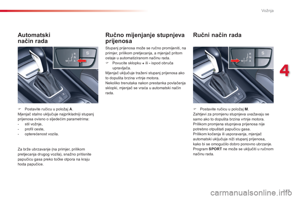 CITROEN C5 2015 Upute Za Rukovanje (in Croatian) 113
C5_hr_Chap04_conduite_ed01-2014
Ručno mijenjanje stupnjeva
prijenosa
stupanj prijenosa može se ručno promijeniti, na
primjer, prilikom pretjecanja, a mjenjač pritom
ostaje u automatiziranom CITROEN C5 2015 Upute Za Rukovanje (in Croatian) 113
C5_hr_Chap04_conduite_ed01-2014
Ručno mijenjanje stupnjeva
prijenosa
stupanj prijenosa može se ručno promijeniti, na
primjer, prilikom pretjecanja, a mjenjač pritom
ostaje u automatiziranom