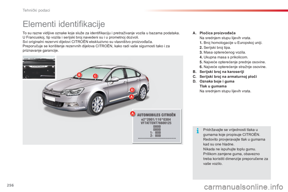 CITROEN C5 2015 Upute Za Rukovanje (in Croatian) 256
C5_hr_Chap10_caracteristique_ed01-2014
elementi identifikacije
To su razne vidljive oznake koje služe za identifikaciju i pretraživanje vozila u bazama podataka.
U Francuskoj, tip vozila i serij CITROEN C5 2015 Upute Za Rukovanje (in Croatian) 256
C5_hr_Chap10_caracteristique_ed01-2014
elementi identifikacije
To su razne vidljive oznake koje služe za identifikaciju i pretraživanje vozila u bazama podataka.
U Francuskoj, tip vozila i serij