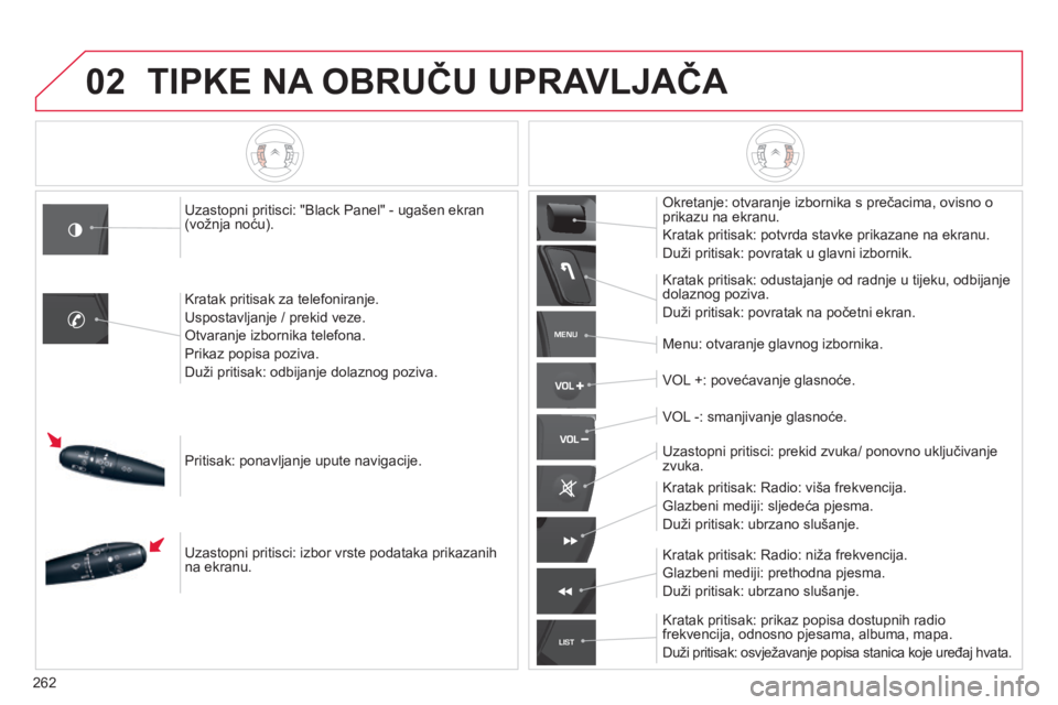CITROEN C5 2015 Upute Za Rukovanje (in Croatian) 02
MENU
LIST
262
C5_hr_Chap11b_rT6-2-8_ed01-2014
TIPKE NA OBRUČU UPRAVLJAČA
Uzastopni pritisci: "Black Panel" - ugašen ekran
(vožnja noću).
k
ratak pritisak za telefoniranje.
Uspostav CITROEN C5 2015 Upute Za Rukovanje (in Croatian) 02
MENU
LIST
262
C5_hr_Chap11b_rT6-2-8_ed01-2014
TIPKE NA OBRUČU UPRAVLJAČA
Uzastopni pritisci: "Black Panel" - ugašen ekran
(vožnja noću).
k
ratak pritisak za telefoniranje.
Uspostav