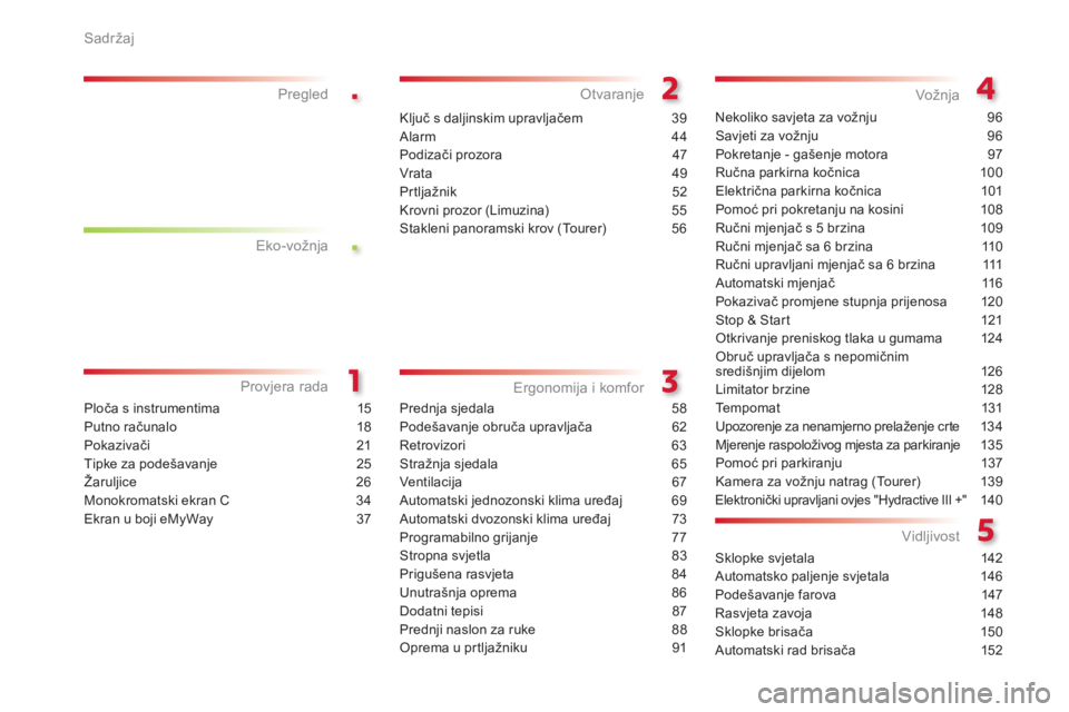CITROEN C5 2015  Upute Za Rukovanje (in Croatian) .
.
C5_hr_Chap00a_sommaire_ed01-2014
Ploča s instrumentima 15
Putno računalo  
1
 8
Pokazivači
 2

1
Tipke za podešavanje
 
2
 5
Žaruljice
 2

6
Monokromatski ekran C
 
3
 4
ek

ran u boji eMyWay