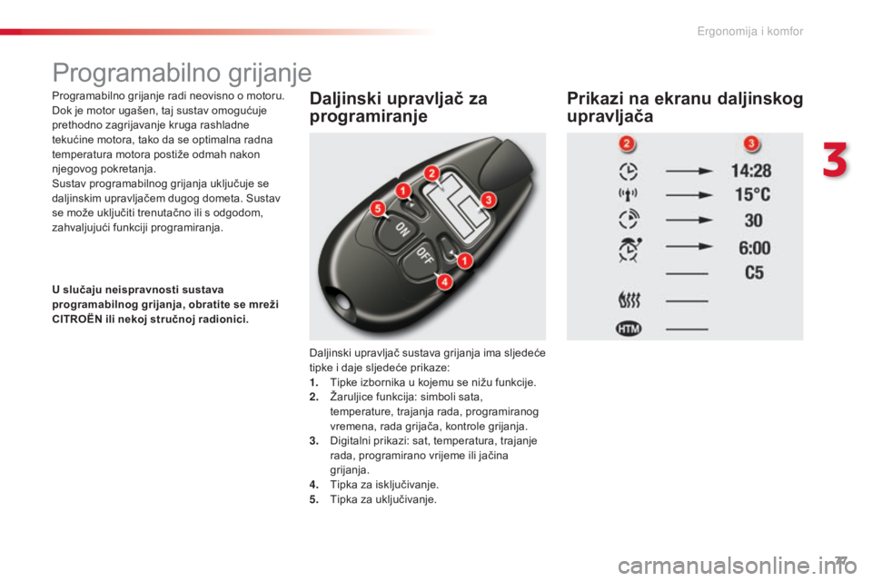CITROEN C5 2015 Upute Za Rukovanje (in Croatian) 77
C5_hr_Chap03_ergo-et-confort_ed01-2014
Programabilno grijanje
Programabilno grijanje radi neovisno o motoru.dok je motor ugašen, taj sustav omogućuje
prethodno zagrijavanje kruga rashladne
teku CITROEN C5 2015 Upute Za Rukovanje (in Croatian) 77
C5_hr_Chap03_ergo-et-confort_ed01-2014
Programabilno grijanje
Programabilno grijanje radi neovisno o motoru.dok je motor ugašen, taj sustav omogućuje
prethodno zagrijavanje kruga rashladne
teku