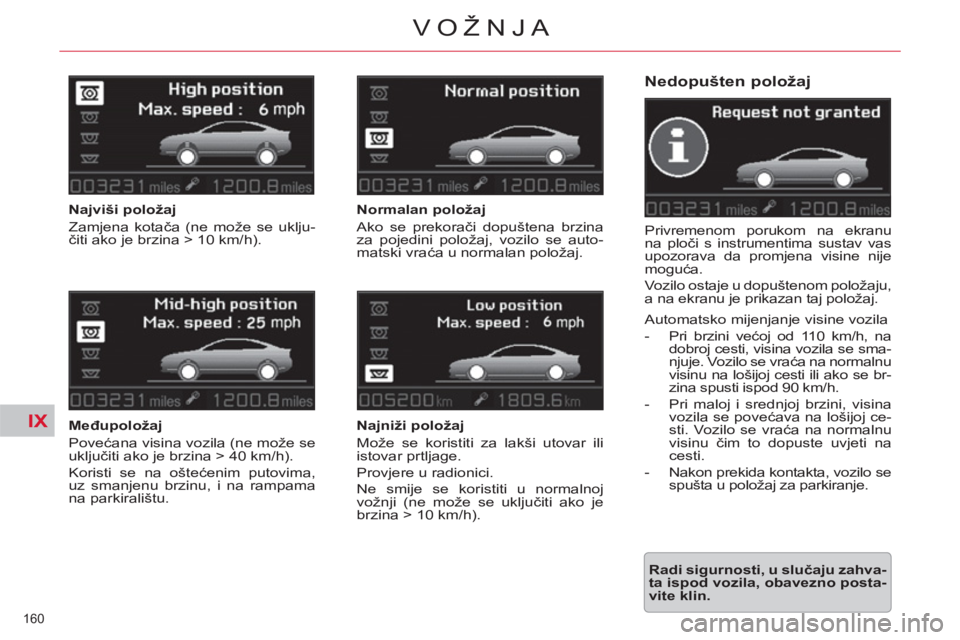 CITROEN C5 2014  Upute Za Rukovanje (in Croatian) IX
160 
VOŽNJA
   
Nedopušten položaj 
 
Privremenom porukom na ekranu 
na ploči s instrumentima sustav vas 
upozorava da promjena visine nije 
moguća. 
  Vozilo ostaje u dopuštenom položaju, 
