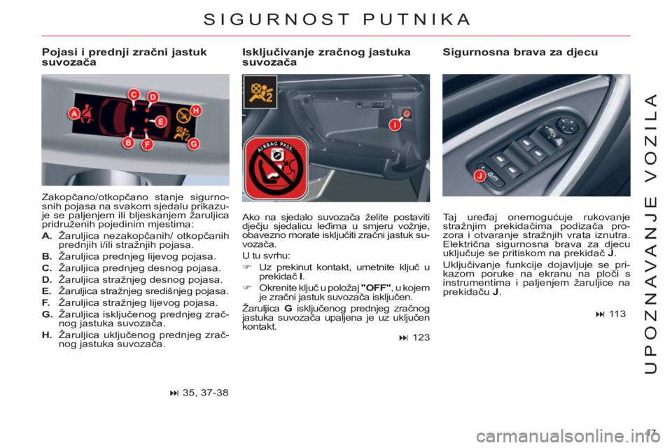 CITROEN C5 2014  Upute Za Rukovanje (in Croatian) 17 
UPOZNAVANJE VOZILA
 SIGURNOST PUTNIKA 
   
Isključivanje zračnog jastuka 
suvozača    
Sigurnosna brava za djecu   
 
Pojasi i prednji zračni jastuk 
suvozača 
 
Zakopčano/otkopčano stanje 